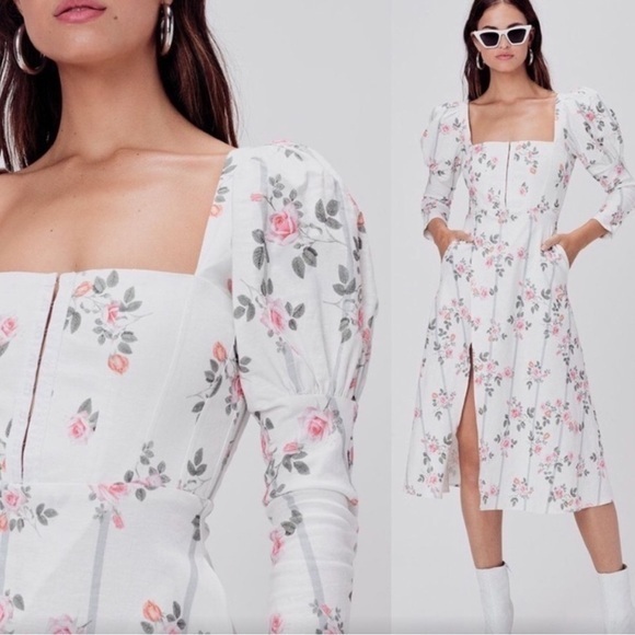 For Love & Lemons Women's Empire-Ivory Pink Floral Striped Puff Sleeve MIDI - Picture 1 of 5